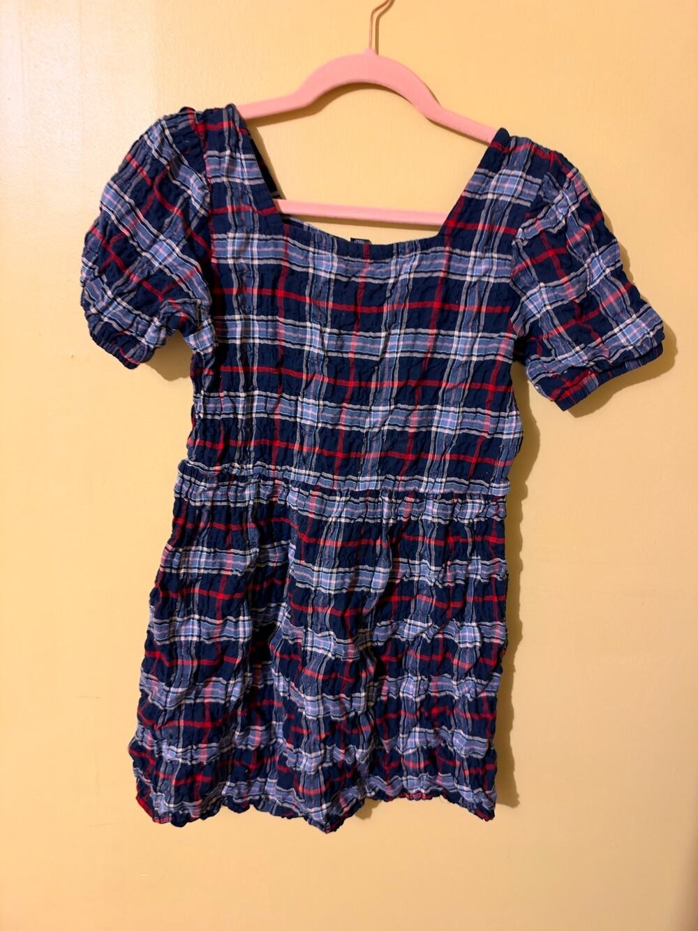 Tommy Hilfiger Girls Navy Blue & Red Plaid Seersucker Puff Sleeve Dress